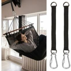 Swing Hanging Straps, 2 PCS Adjustable Tree Swing Straps With 2 PCS Zinc Alloy Carabiners Holds Up 1000 Lbs, Hammock Straps Kit For Tree Swing Seat, Hammock, Plank (Black, 25CM) -Outdoor Furniture Store 100832621 5