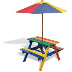 Kids' Picnic Table With Benches And Parasol Multicolour Wood VidaXL
