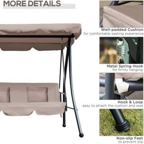 Outsunny 2-in-1 Patio Swing Chair 3 Seater Hammock Cushion Bed Tilt Canopy Beige 7 Outsunny 2-in-1 Patio Swing Chair 3 Seater Hammock Cushion Bed Tilt Canopy Beige - Image 5