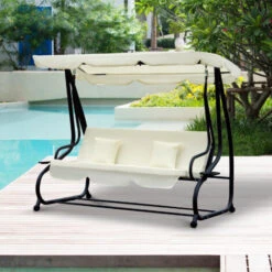 Outsunny 3 Seater Swing Chair For Outdoor W/ Adjustable Canopy Cream White -Outdoor Furniture Store 10661340 3