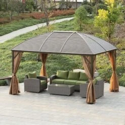 Outsunny 4x3(m) Hardtop Gazebo Aluminium Garden Pavilion W/ Steel Roof Brown -Outdoor Furniture Store 11678424 3