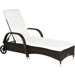 Outsunny Adjustable Wicker Rattan Sun Lounger Recliner Chair W/ Cushion Brown