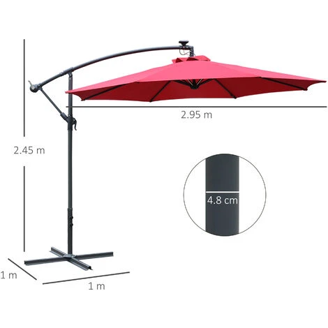 Outsunny 3(m) LED Patio Banana Umbrella Cantilever Parasol W/ Crank Wine Red 4 Outsunny 3(m) LED Patio Banana Umbrella Cantilever Parasol W/ Crank Wine Red - Image 2