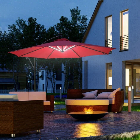 Outsunny 3(m) LED Patio Banana Umbrella Cantilever Parasol W/ Crank Wine Red 5 Outsunny 3(m) LED Patio Banana Umbrella Cantilever Parasol W/ Crank Wine Red - Image 3