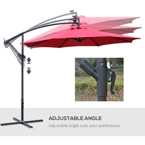 Outsunny 3(m) LED Patio Banana Umbrella Cantilever Parasol W/ Crank Wine Red 7 Outsunny 3(m) LED Patio Banana Umbrella Cantilever Parasol W/ Crank Wine Red - Image 5