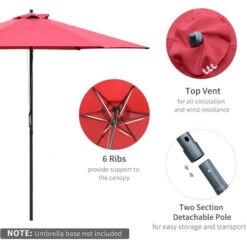Outsunny 2.8m Patio Umbrella Parasol Outdoor Table Umbrella 6 Ribs Wine Red -Outdoor Furniture Store 11679080 4
