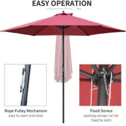 Outsunny 2.8m Patio Umbrella Parasol Outdoor Table Umbrella 6 Ribs Wine Red -Outdoor Furniture Store 11679080 5
