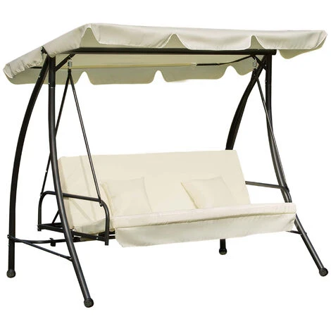 Outsunny 2-in-1 Garden Swing Chair For 3 Person W/ Tilting Canopy, Cream White 3 Outsunny 2-in-1 Garden Swing Chair For 3 Person W/ Tilting Canopy, Cream White