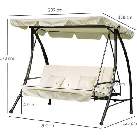 Outsunny 2-in-1 Garden Swing Chair For 3 Person W/ Tilting Canopy, Cream White 4 Outsunny 2-in-1 Garden Swing Chair For 3 Person W/ Tilting Canopy, Cream White - Image 2