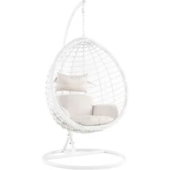 Wicker Hanging Egg Chair With Stand Swing Seat White PE Rattan Fano