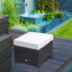 Outsunny Rattan Footstool Wicker Ottoman W/ Padded Seat For Backyard Garden Black -Outdoor Furniture Store 1179770 3