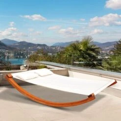 OUTSUNNY Garden Outdoor Wooden Wood Frame Hammock Rocking Sun Bed Lounger Beds + 2 Pillows -Outdoor Furniture Store 1180049 3