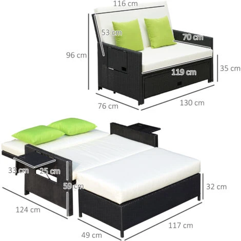 Outsunny 2 Seater Garden Patio Outdoor Rattan Furniture Sofa Sun Lounger Black 4 Outsunny 2 Seater Garden Patio Outdoor Rattan Furniture Sofa Sun Lounger Black - Image 2