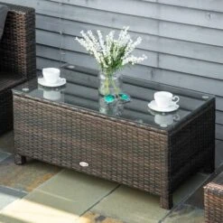 Outsunny Garden Rattan Side Table,Wicker Coffee Desk, Glass Top Brown -Outdoor Furniture Store 1180104 3