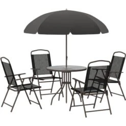 Outsunny Garden Dining Set Outdoor Furniture Folding Chairs Table Parasol Black