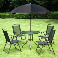 Outsunny Garden Dining Set Outdoor Furniture Folding Chairs Table Parasol Black -Outdoor Furniture Store 1180115 3