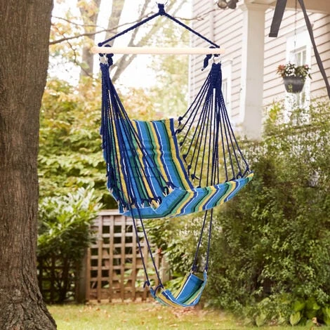 Outsunny Hammock Swing Chair Hanging Rope Striped Seat W/ Foot Rest Indoor 5 Outsunny Hammock Swing Chair Hanging Rope Striped Seat W/ Foot Rest Indoor - Image 3