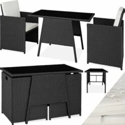 Rattan Garden Furniture Set Lausanne (2 Chairs & 1 Table) - Garden Tables And Chairs, Garden Furniture Set, Outdoor Table And Chairs - Black