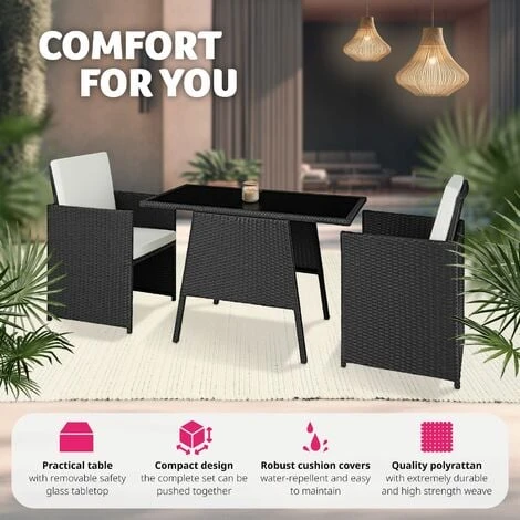 Rattan Garden Furniture Set Lausanne (2 Chairs & 1 Table) - Garden Tables And Chairs, Garden Furniture Set, Outdoor Table And Chairs - Black 6 Rattan Garden Furniture Set Lausanne (2 Chairs & 1 Table) - Garden Tables And Chairs, Garden Furniture Set, Outdoor Table And Chairs - Black - Image 4
