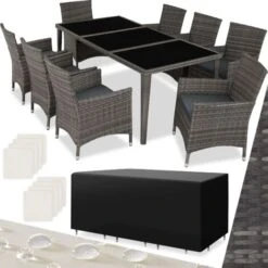 Rattan Garden Dining Set Monaco 8 Seats, 1 Table - Garden Tables And Chairs, Garden Furniture Set, Outdoor Table And Chairs - Grey