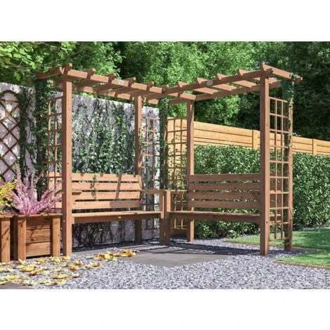 Wooden Pergola Arbour Garden Corner Bench Trellis Seating With Armrests And Mini Corner Table Gerlinde 3 Wooden Pergola Arbour Garden Corner Bench Trellis Seating With Armrests And Mini Corner Table Gerlinde