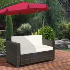 Outsunny Rattan Wicker 2-seat Sofa Loveseat Padded Garden Furniture Brown -Outdoor Furniture Store 13140211 3