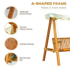 Outsunny Swing Chair 3 Seater Swinging Wooden Hammock Garden Seat Outdoor Canopy Cream -Outdoor Furniture Store 1366721 5