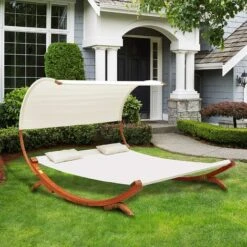 Outsunny Double Bed Hammock Sun Lounger Outdoor Wood Cream White Garden 9 Outsunny Double Bed Hammock Sun Lounger Outdoor Wood Cream White Garden -Outdoor Furniture Store 1366723 3