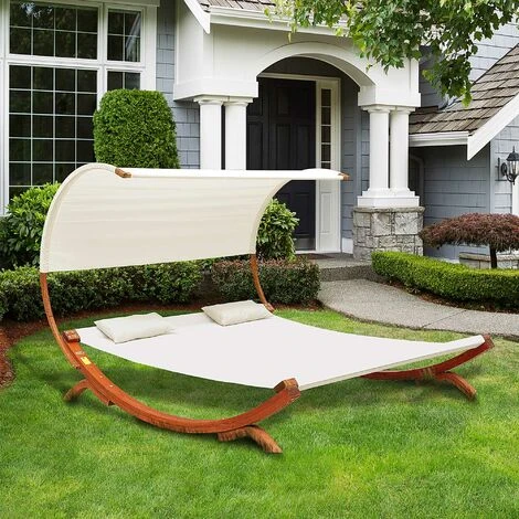 Outsunny Double Bed Hammock Sun Lounger Outdoor Wood Cream White Garden 5 Outsunny Double Bed Hammock Sun Lounger Outdoor Wood Cream White Garden - Image 3