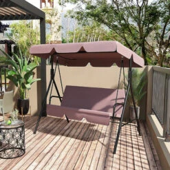 Outsunny Outdoor Metal Hammock Swing Chair 3-Seater Patio Bench Garden Brown -Outdoor Furniture Store 1366756 3