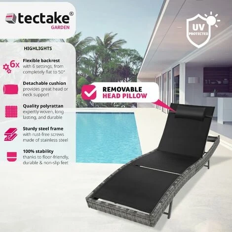 Sun Lounger Delphine Rattan - Reclining Sun Lounger, Garden Lounge Chair, Sun Chair - Dark Grey 4 Sun Lounger Delphine Rattan - Reclining Sun Lounger, Garden Lounge Chair, Sun Chair - Dark Grey - Image 2