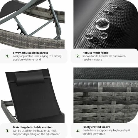 Sun Lounger Delphine Rattan - Reclining Sun Lounger, Garden Lounge Chair, Sun Chair - Dark Grey 6 Sun Lounger Delphine Rattan - Reclining Sun Lounger, Garden Lounge Chair, Sun Chair - Dark Grey - Image 4