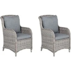 Set Of 2 Modern Faux Rattan Garden Dining Chairs Grey With Cushions Cascais