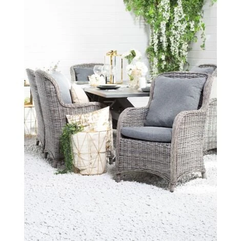 Set Of 2 Modern Faux Rattan Garden Dining Chairs Grey With Cushions Cascais 3 Set Of 2 Modern Faux Rattan Garden Dining Chairs Grey With Cushions Cascais - Image 2