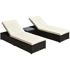 Outsunny 3 Pieces Sun Lounger Rattan Furniture Recliner Wicker Brown Garden