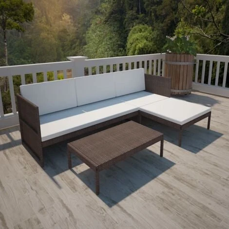 3 Piece Garden Lounge Set With Cushions Poly Rattan Brown VidaXL 4 3 Piece Garden Lounge Set With Cushions Poly Rattan Brown VidaXL - Image 2