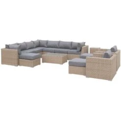 Ready Assembled 14-seater Deluxe Polyrattan Modular Corner Garden Sofa Set - Sofa, 2 Armchairs, 3 Footrests, Coffee Table - Verona - Beige Rattan, Charcoal Grey Cushions