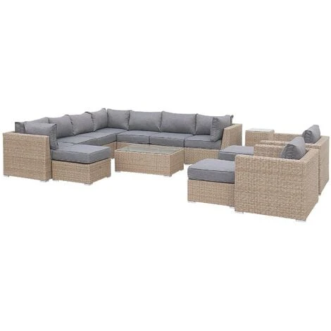 Ready Assembled 14-seater Deluxe Polyrattan Modular Corner Garden Sofa Set - Sofa, 2 Armchairs, 3 Footrests, Coffee Table - Verona - Beige Rattan, Charcoal Grey Cushions 3 Ready Assembled 14-seater Deluxe Polyrattan Modular Corner Garden Sofa Set - Sofa, 2 Armchairs, 3 Footrests, Coffee Table - Verona - Beige Rattan, Charcoal Grey Cushions