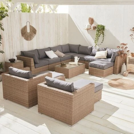 Ready Assembled 14-seater Deluxe Polyrattan Modular Corner Garden Sofa Set - Sofa, 2 Armchairs, 3 Footrests, Coffee Table - Verona - Beige Rattan, Charcoal Grey Cushions 4 Ready Assembled 14-seater Deluxe Polyrattan Modular Corner Garden Sofa Set - Sofa, 2 Armchairs, 3 Footrests, Coffee Table - Verona - Beige Rattan, Charcoal Grey Cushions - Image 2