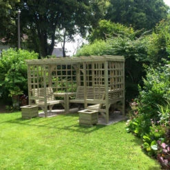 The Riviera Seated Pergola, Wooden Garden Corner Arbour Seat With Table And Trellis - Assembly Included