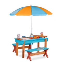 Relaxdays Garden Picnic Table Set, Wood, Play Table, 2x Bench, Parasol, Outdoor Kids Furniture, Colourful