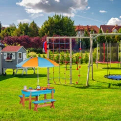 Relaxdays Garden Picnic Table Set, Wood, Play Table, 2x Bench, Parasol, Outdoor Kids Furniture, Colourful -Outdoor Furniture Store 16148486 3