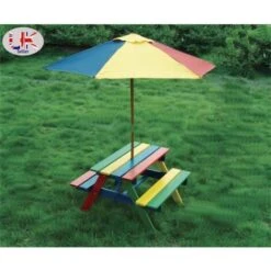 Children's Wooden Rainbow 2 In 1 Kids Picnic Table And Parasol Set