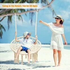 COSTWAY Outdoor & Indoor Swing Chair With LED Lights, Cotton Rope Macrame Hanging Chair, Tassels Hammock Swing Seat For Garden, Patio And Living Room, 150kg Load Capacity (Beige, Without LED Lights) -Outdoor Furniture Store 16985605 4