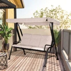 Outsunny Outdoor 3-person Garden Metal Padded Porch Swing Chair Bench Beige -Outdoor Furniture Store 17274283 3