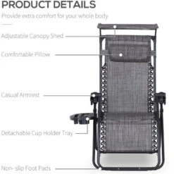 Outsunny Zero Gravity Chair Adjustable Patio Lounge W/ Cup Holder Grey -Outdoor Furniture Store 17328412 4