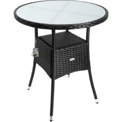 Deuba Poly Rattan Garden Side Table Small Black Round Outdoor Patio Cafe Bistro Glass Top Tea Coffee Wine Snack (60cm)
