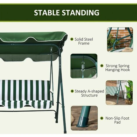 Outsunny Outdoor Metal Hammock Swing Chair 3-Seater Patio Bench Garden Green 7 Outsunny Outdoor Metal Hammock Swing Chair 3-Seater Patio Bench Garden Green - Image 5