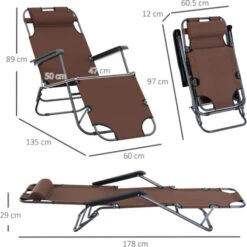Outsunny 2 In 1 Outdoor Folding Sun Lounger W/ Adjustable Back And Pillow Brown -Outdoor Furniture Store 17810786 2