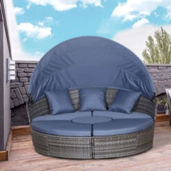 Outsunny 5 PCs Cushioned Outdoor Plastic Rattan Round Sofa Bed Table Set Grey -Outdoor Furniture Store 17860099 3